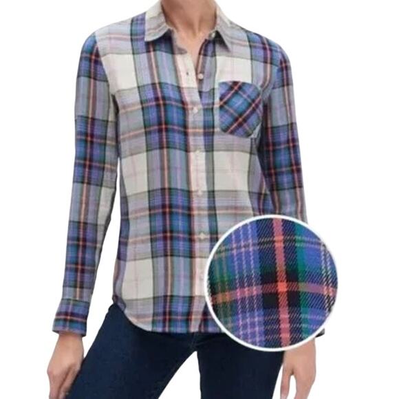 GAP Soft‎ Twill Green & Purple White Check Lavender Plaid Flannel Top S - Picture 1 of 12